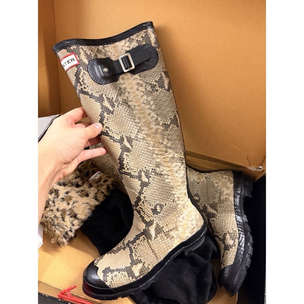 Hunter Carnaby Snake Tall Rain Boots Snake Print Faux Fur Cuff Women Size 8 - Picture 2 of 13